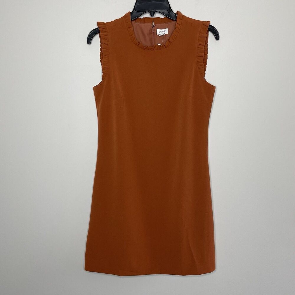 J.CREW Ruffle Neck Dress Women Petite 6P Brown NEW Sleeveless Career BO460